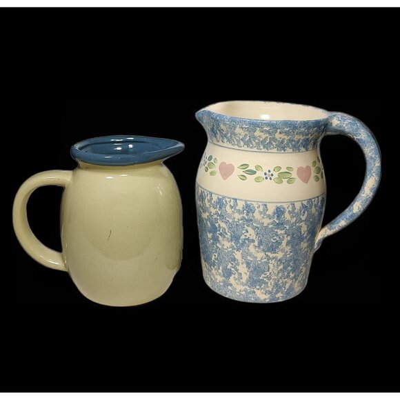East Texas Pottery Heart & Blue Spongeware Pattern & Unbranded Rooster Pitcher - Picture 2 of 11